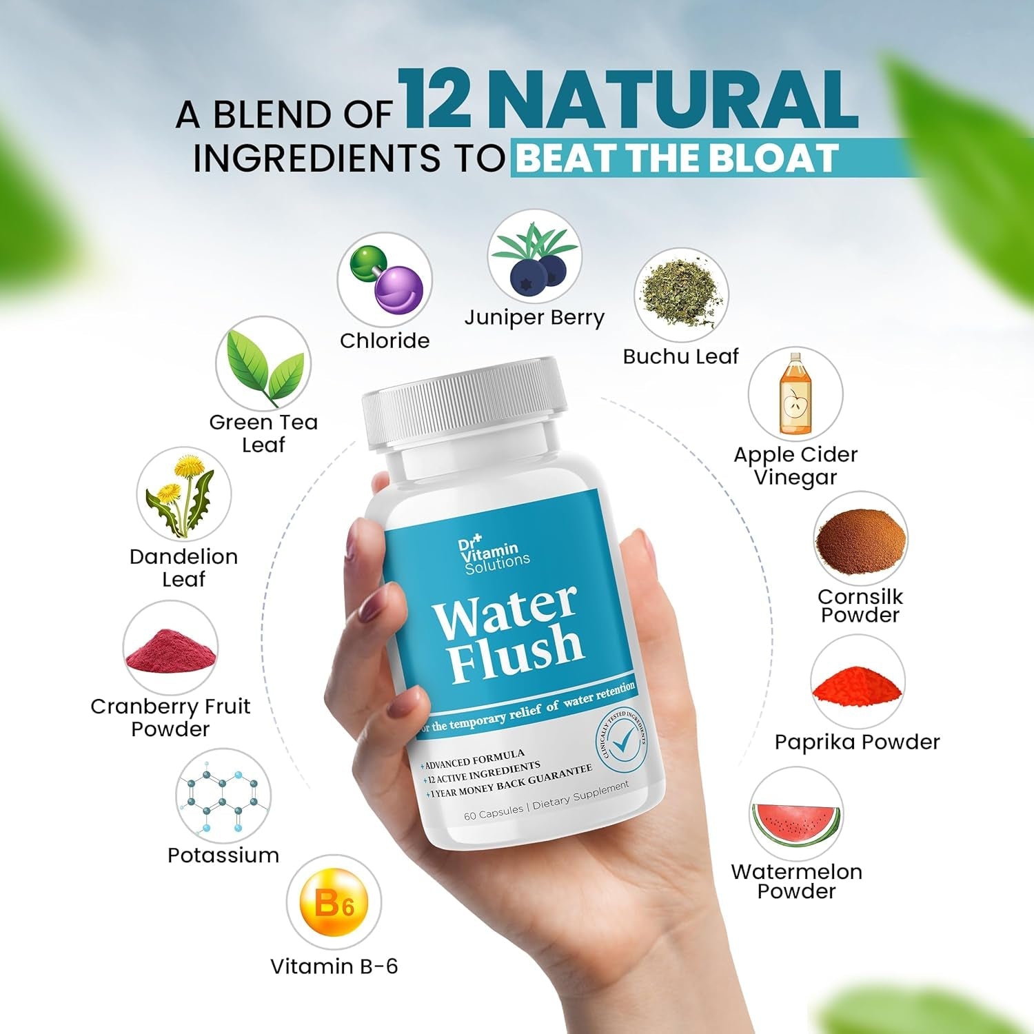 Diuretic Water Pills for Weight Control, 12 Active Ingredients (Green Tea, Cranberry & More), Instant Relief from Bloat & Swelling, Water Retention Pills for Women & Men - 60 Capsules