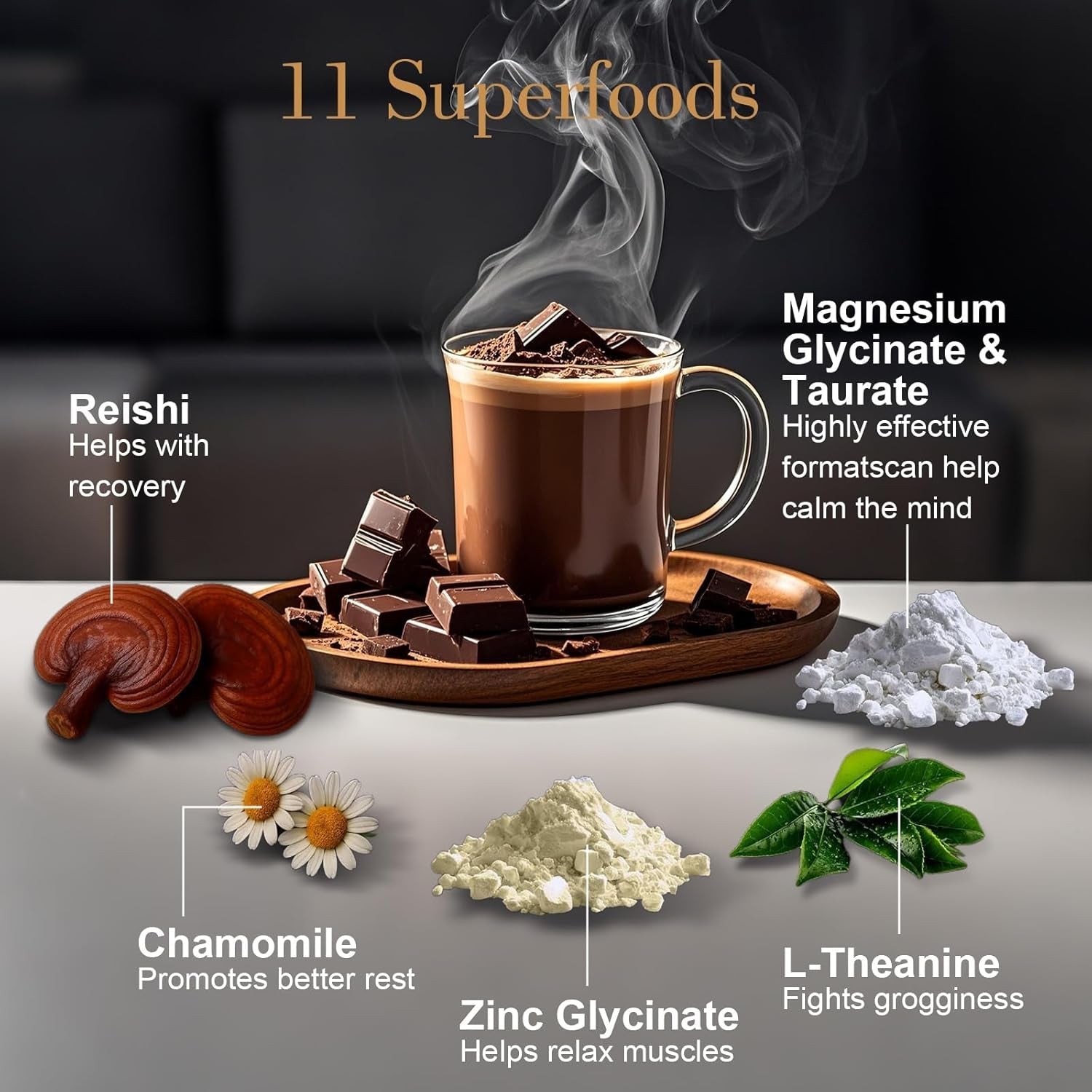 Magnesium Hot Cocoa – Melatonin-Free Natural Sleep Aid Hot Chocolate for Adults with Reishi Mushroom, L-Theanine & Zinc Glycinate – Relaxation & Restful Sleep Support Mushroom Coffee, 30 Servings