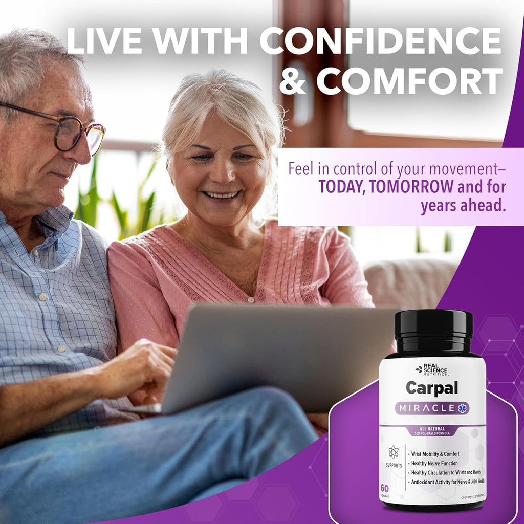 Real Science Carpal Miracle – All Natural Carpal Tunnel Relief & Wrist Support Supplement with Vitamins B6, B12, C, D, K + GABA – Hand & Nerve Comfort – Made in USA, 60 Caps