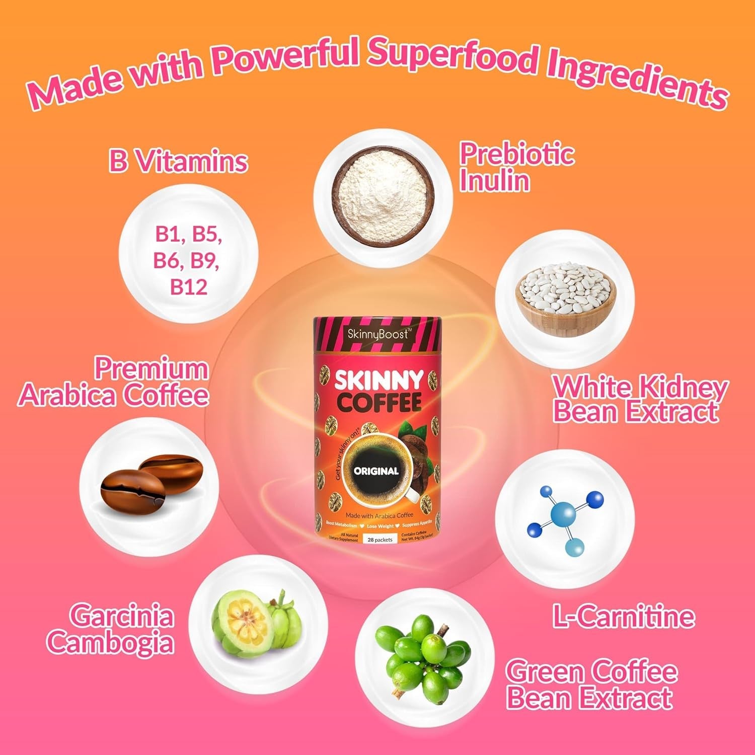 Skinny Boost Instant Skinny Coffee Sticks (Vanilla) - Made with Arabica Coffee Beans, Garcinia Cambogia, Green Tea Extract, B Vitamins, Fiber and Prebiotics –Sugar Free-Keto Friendly (28 Packets)
