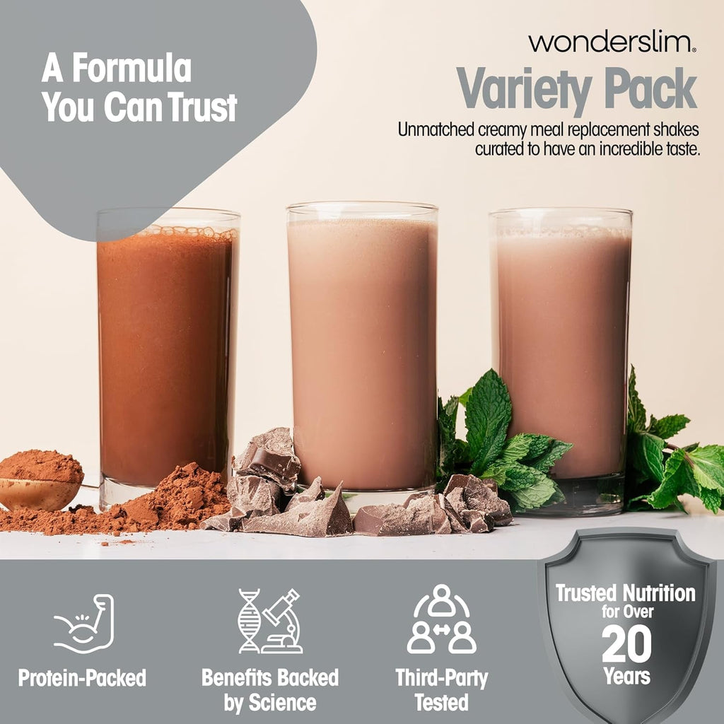 Wonderslim Meal Replacement Shake, Variety Pack, 15G Protein, 24 Vitamins & Minerals, Gluten Free (7Ct)