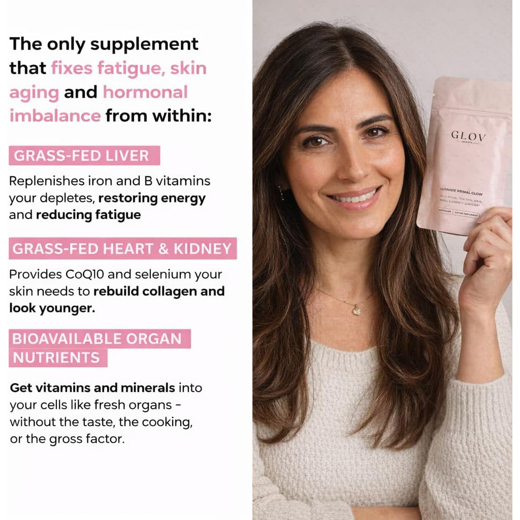 Glov Beauty Ultimate Primal Glow - Grass Fed Beef Organ Supplement for Women, Pasture Raised Liver, Heart, Kidney & Reproductive Beef Organs for Beauty, Energy & Vitality Support, 1Month Supply 60Caps