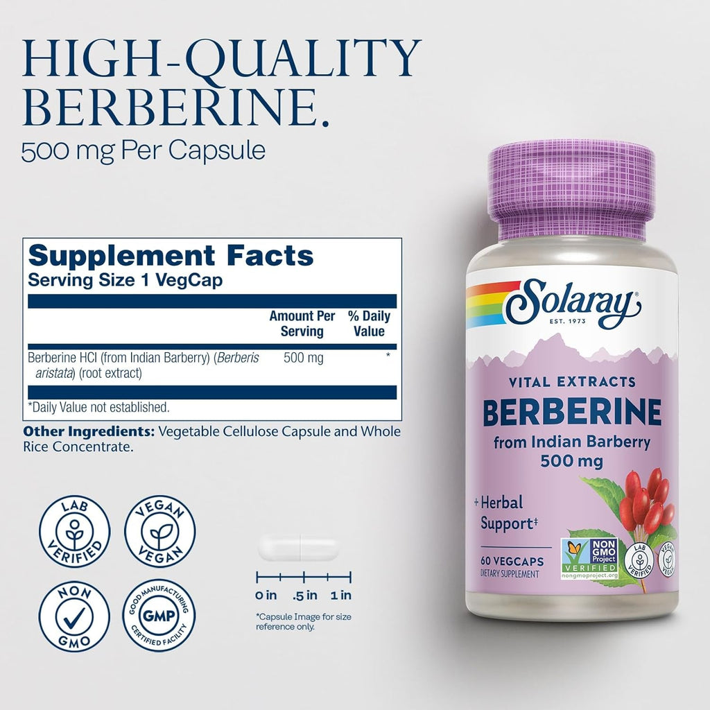 SOLARAY Berberine 500Mg - Berberine Supplement for a Healthy, Active Lifestyle - with Berberine Hcl from Indian Barberry - Vegan, Non-Gmo, 60-Day Guarantee - 60 Servings, 60 Vegcaps (60 CT)