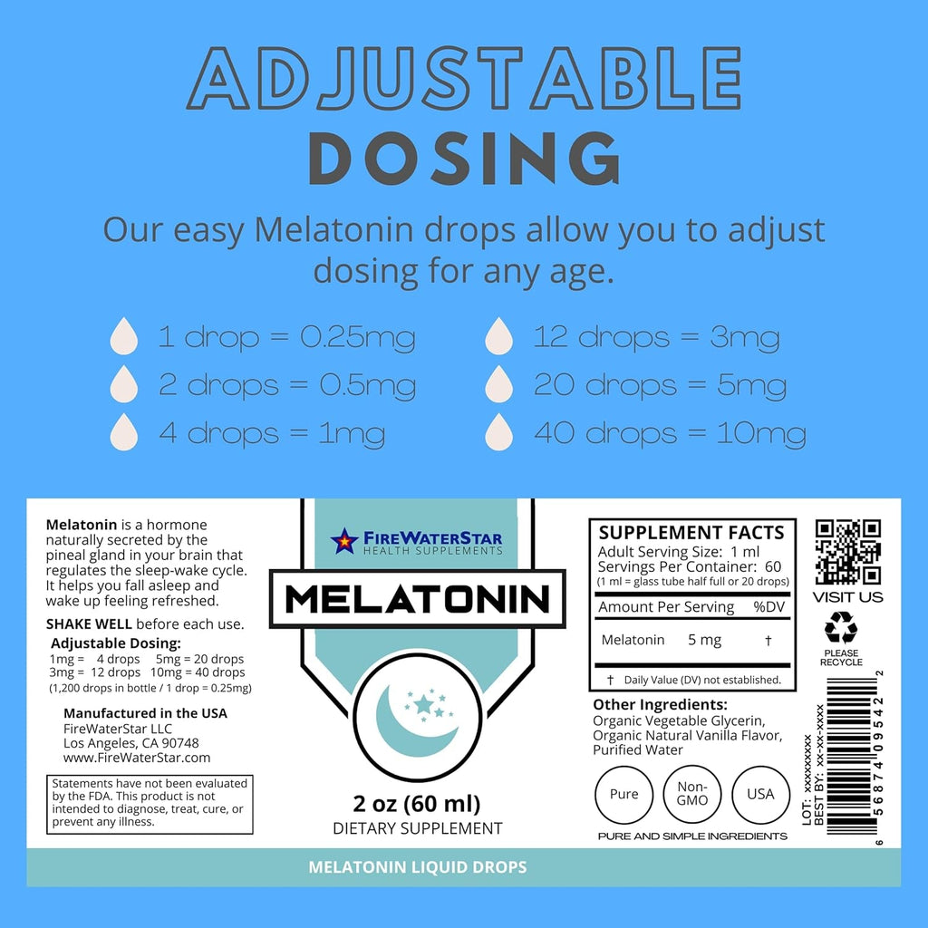 FWS Liquid Melatonin Drops for Adults and Kids - 99% Pure Bioactive Melatonin - Organic, Non-Gmo, Vegan - Minimal Ingredients - Easy Adjustable Dosing - Helps to Promote Restful Sleep - 2Oz