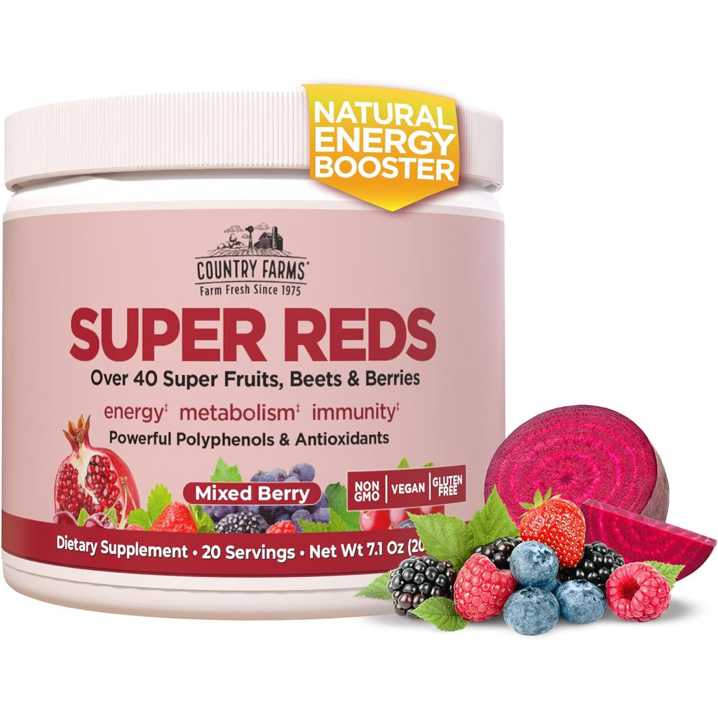 COUNTRY FARMS Super Reds, Energizing Polyphenol Superfood, 48 Super Fruits and Berries, Powerful Antioxidants and Polyphenols, Supports Energy, 20 Servings, Mixed Berry Flavor