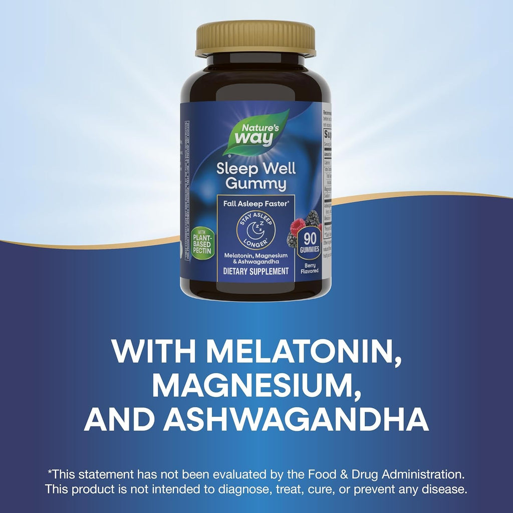 Nature'S Way Sleep Well Melatonin and Magnesium Gummies, Sleep Support for Adults*, with Ashwagandha, Berry Flavored, 90 Gummies