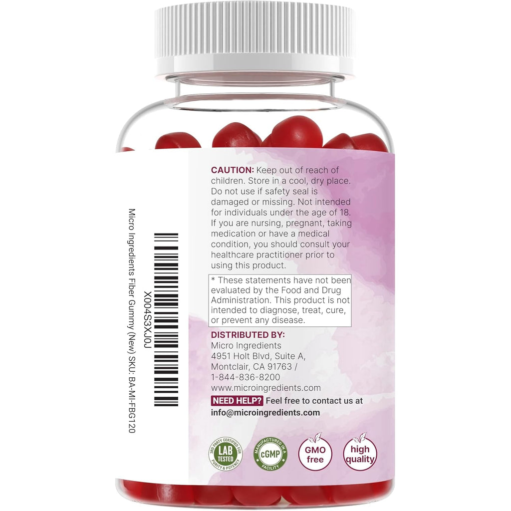 Micro Ingredients Fiber Gummies with Probiotics, 120 Count | 6G per Serving + 2 Billion CFU | Sugar Free Peach Cherry Flavor | High Fiber Supplement for Women & Men | Non-Gmo, Gluten Free