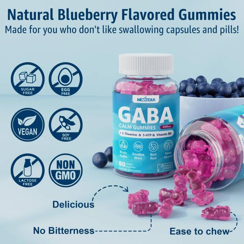 GABA Gummies 500 Mg - Sugar-Free Calm Gummies with L Theanine, 5-HTP, Vitamins D3, B12, Ashwagandha, Melatonin-Free for Brain Calm, Mood, Zzz Better, GABA Supplement for Adult, Blueberry Flavor,2 Pack