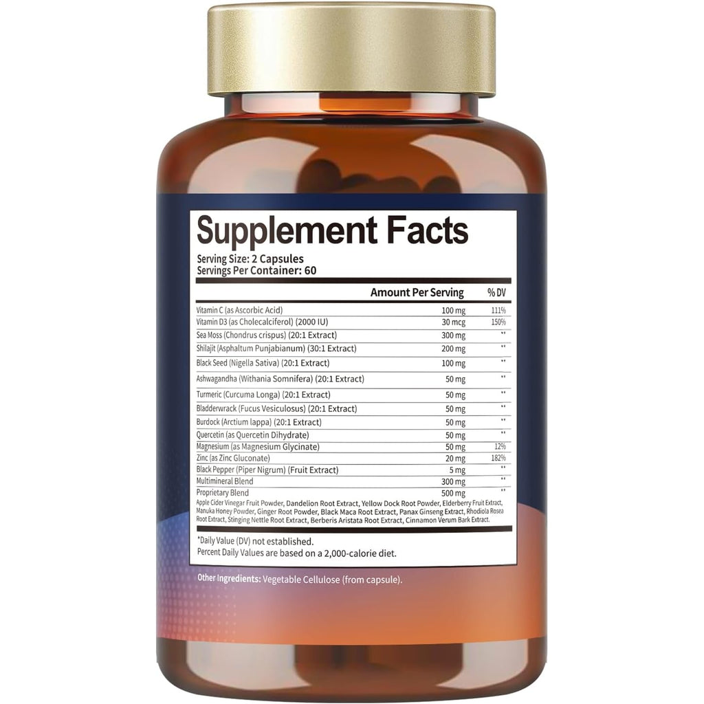 25-In-1 Sea Moss Black Seed Oil Ashwagandha Ginger Shilajit Supplement, Sea Moss Capsules Pro with Bladder Burdock Ceylon Cinnamon Berberine ACV Manuka VIT C & D3 for Men Women, 120 Vegan Caps