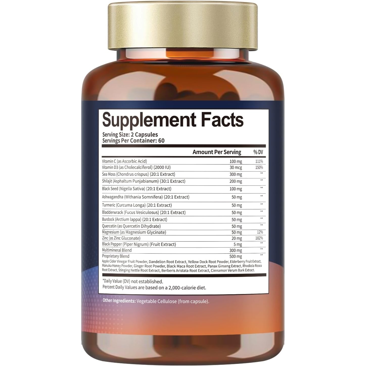 25-In-1 Sea Moss Black Seed Oil Ashwagandha Ginger Shilajit Supplement, Sea Moss Capsules Pro with Bladder Burdock Ceylon Cinnamon Berberine ACV Manuka VIT C & D3 for Men Women, 120 Vegan Caps