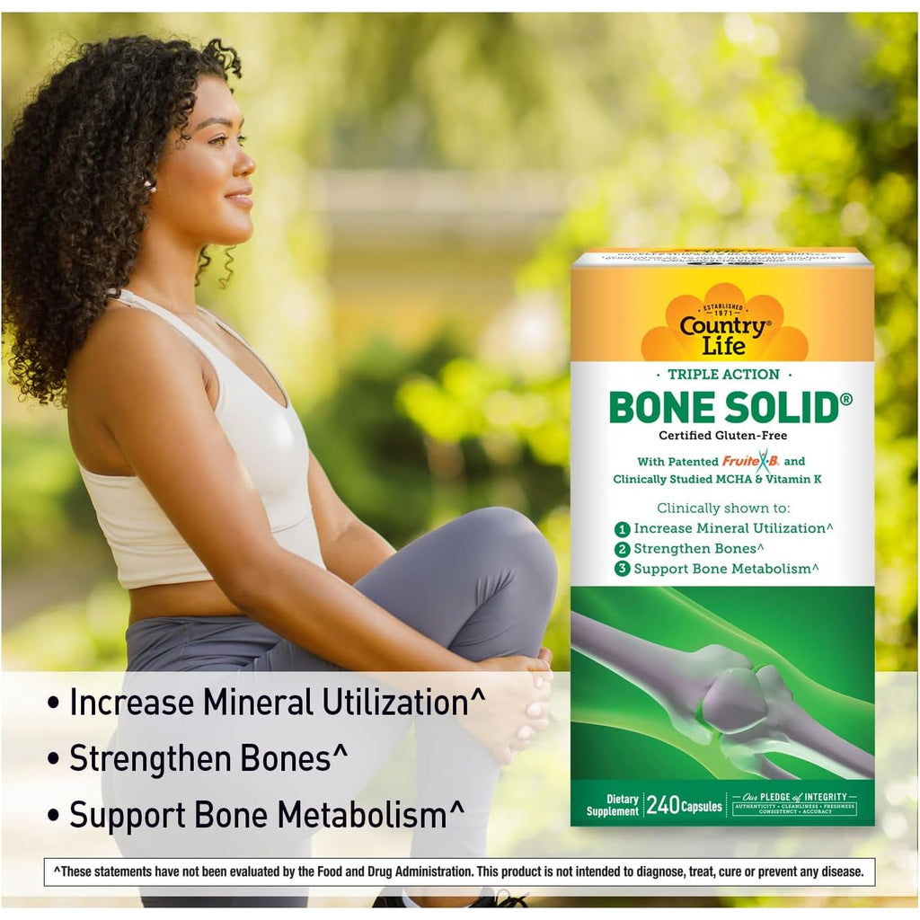 Country Life Bone Solid - Bone Health Supplement with Microcrystalline Hydroxyapatite (MCHA), Calcium, Magnesium, Zinc, Vitamins K2 & D3 for Enhanced Bone Strength & Metabolism - 240 Capsules