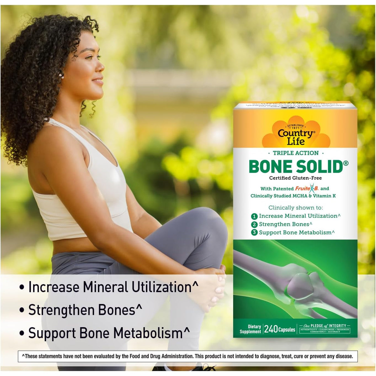 Country Life Bone Solid - Bone Health Supplement with Microcrystalline Hydroxyapatite (MCHA), Calcium, Magnesium, Zinc, Vitamins K2 & D3 for Enhanced Bone Strength & Metabolism - 240 Capsules
