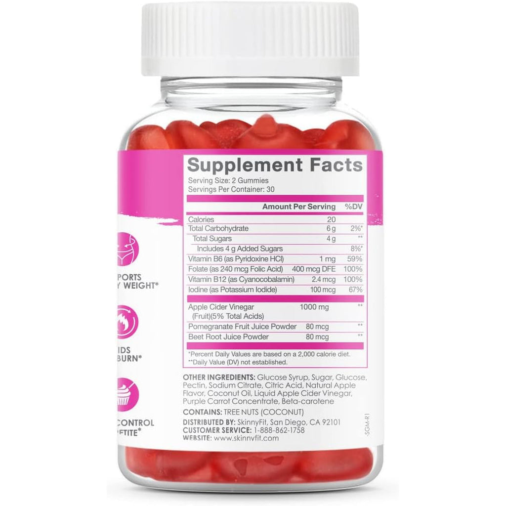 Skinnyfit Skinny Gummies Apple Cider Vinegar Gummies W/ the Mother, Healthy Weight, Immune Support, Vitamin B9, B12, Beetroot, Pomegranate, Vegan-Friendly, 60 Count