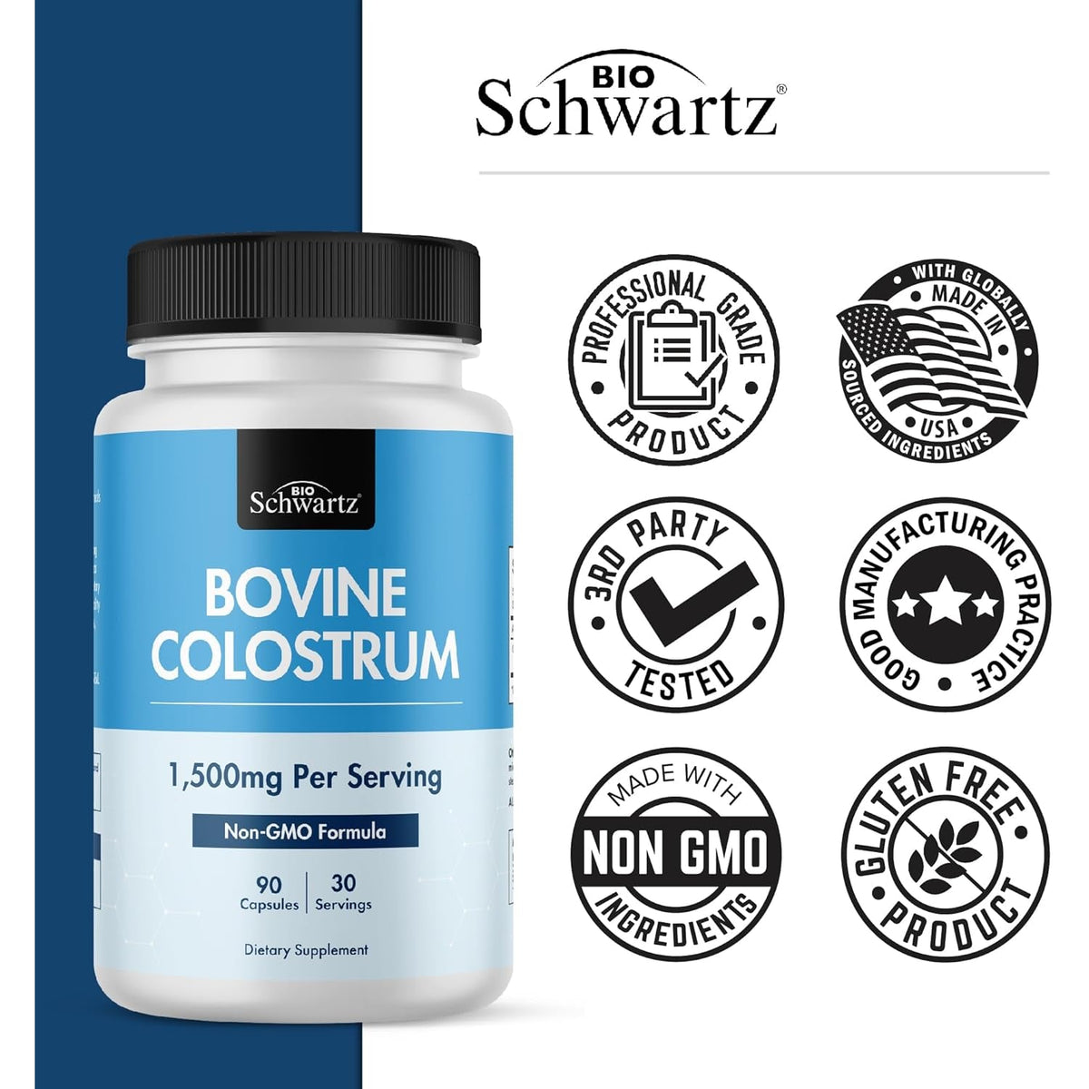Colostrum Supplement Extra Strength 1500Mg per Serving - Grass Fed Colostrum Capsules from Bovine First Milking, Supports Gut Health and Immunity for Women and Men - Non-Gmo, Gluten Free, 90 Count