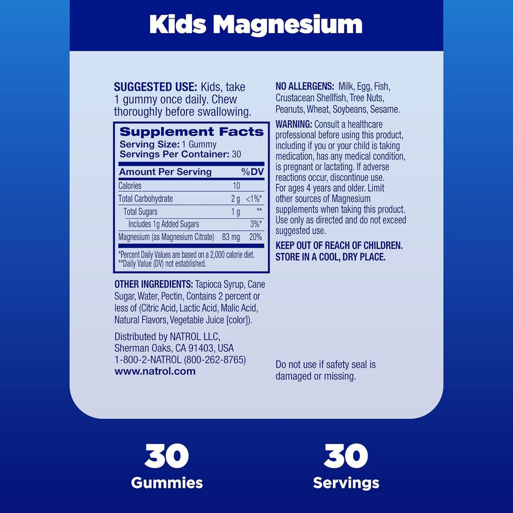 Natrol Kids Magnesium Citrate Gummies, Gently Calm and Relax Little Minds and Bodies, plus Support Healthy Muscle Relaxation and Function, 30 Razzilicious Gummies, up to a 30 Day Supply