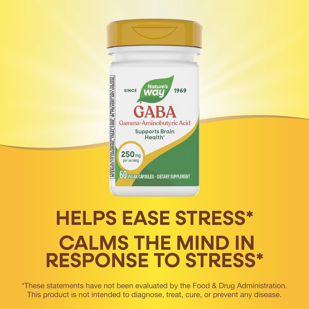 Nature'S Way GABA, Gamma-Aminobutyric Acid, Supports Brain Health*, 250 Mg per Serving, 60 Vegan Capsules (Packaging May Vary)