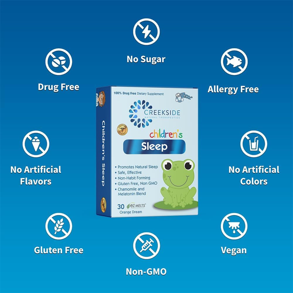Creekside Naturals Children’S Sleep, with Melatonin and Chamomile, Zero Sugar, Vegan, Pediatrician Formulated, Orange Dream Flavor, 30 EZ Melt Tablets