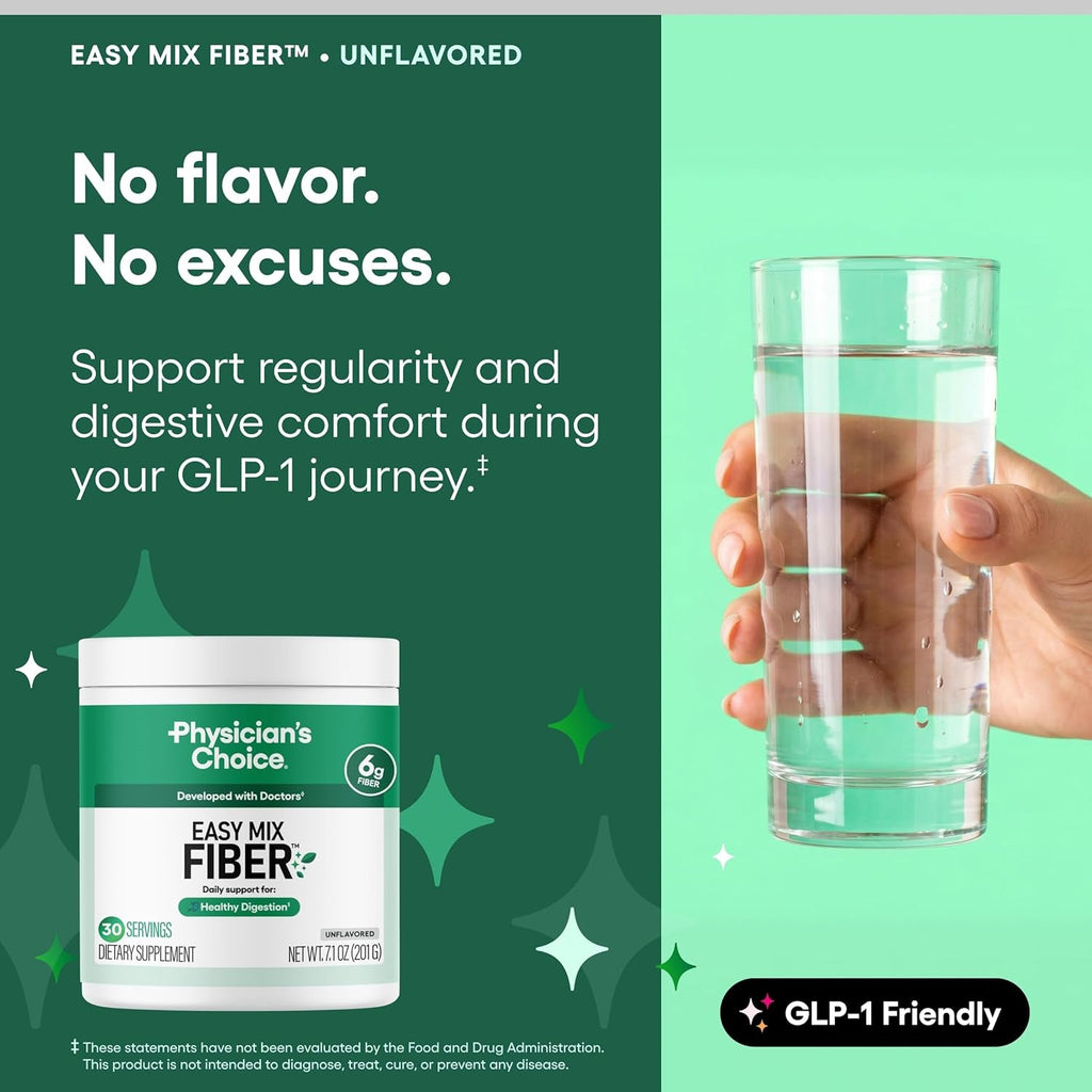 Physician'S CHOICE Easy Mix Fiber for GLP-1 Support - No Grit & Sugar Free - Daily Prebiotic Soluble Fiber Powder Supplement - Digestive Health & Regularity - for Women and Men - Unflavored - 7.1Oz