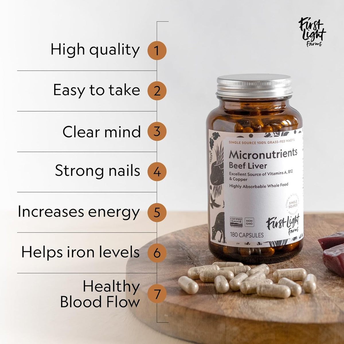 First Light Farms Grass-Fed Beef Liver Capsules | Nutrient-Dense Whole Food Nutrition, Freeze-Dried, Grassfed & Certified Humane | 180 Capsules for Energy, Immunity, and Overall Wellness