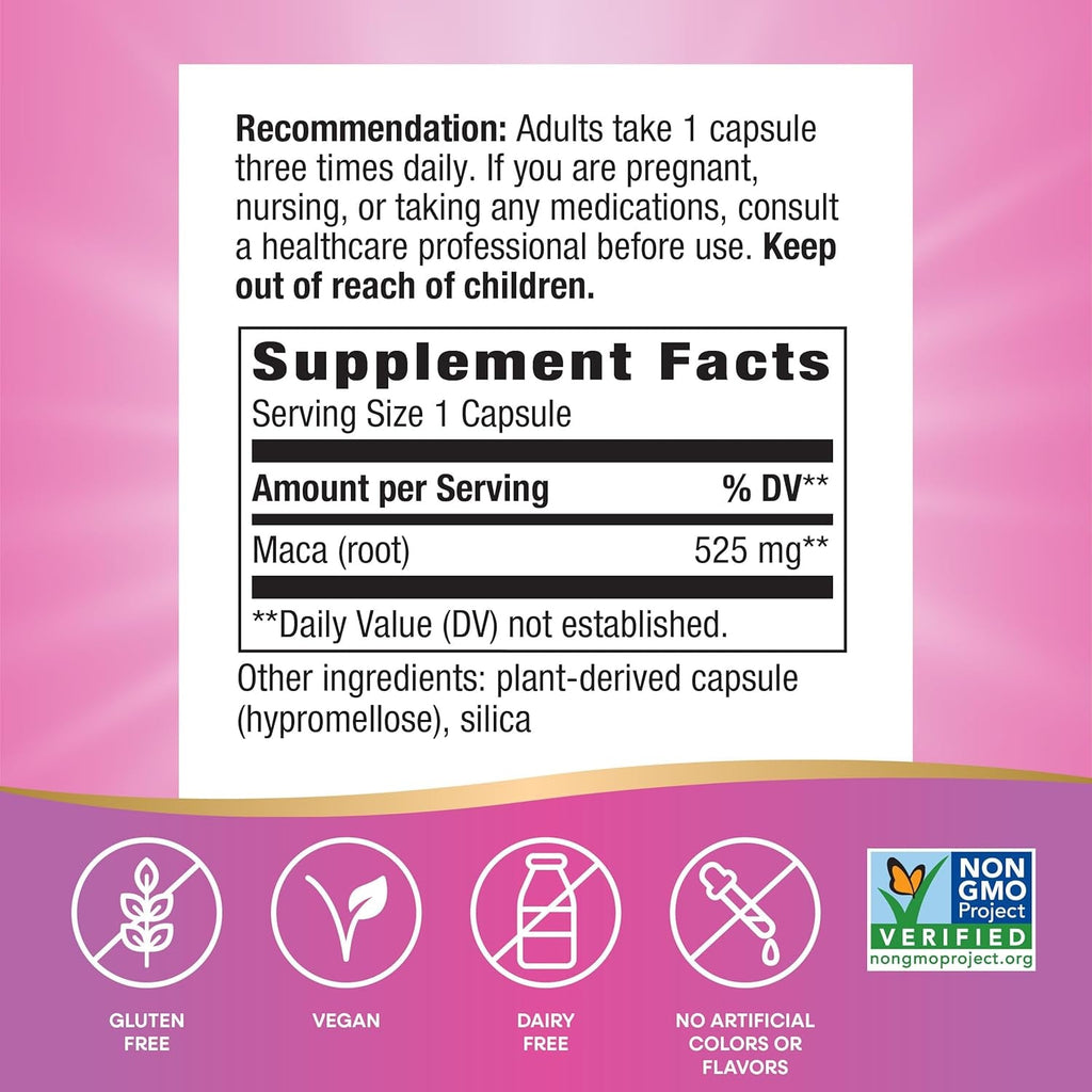 Nature'S Way Maca Root, Traditional Libido Support*, 525 Mg per Serving, Non-Gmo Project Verified, 100 Vegan Capsules (Packaging May Vary)