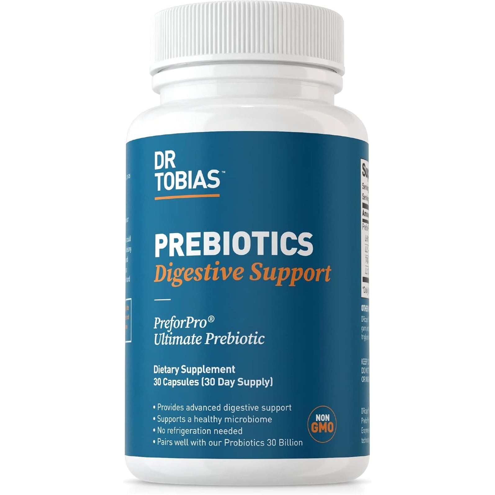 Dr. Tobias Prebiotics, Supports Digestion & Gut Health, Feed Good Probiotic Bacteria, Boost Gut Immune Function, Vegan & Non-Gmo Gut Health Supplements for Men and Women, 30 Capsules, 30 Servings
