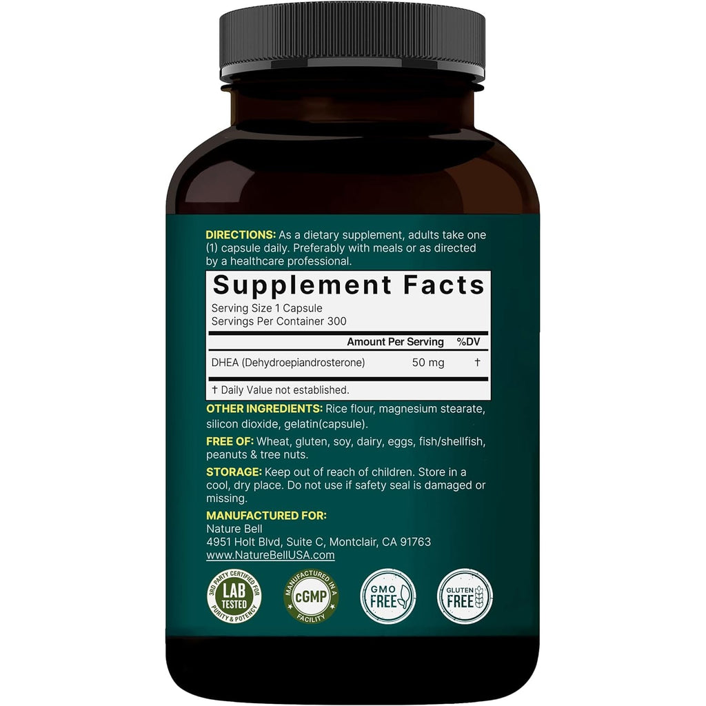 Naturebell DHEA 50Mg for Men & Women, 300 Capsules | Micronized for Better Absorption | Plant-Based Source | Supports Energy, Metabolism & Healthy Aging | Non-Gmo, Made in USA