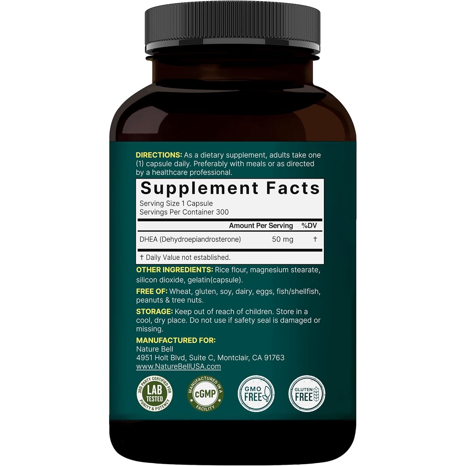 Naturebell DHEA 50Mg for Men & Women, 300 Capsules | Micronized for Better Absorption | Plant-Based Source | Supports Energy, Metabolism & Healthy Aging | Non-Gmo, Made in USA