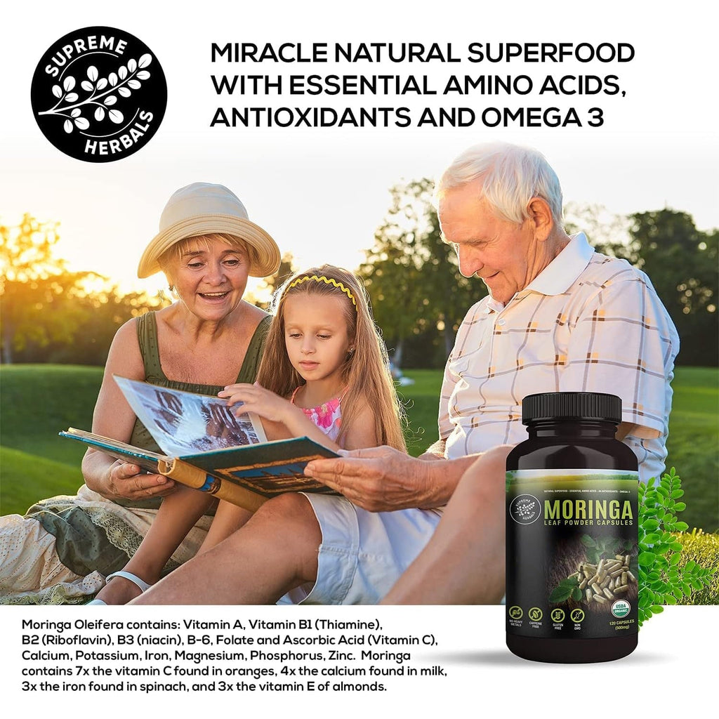 SUPREME HERBALS, 100% Raw and Pure Moringa Leaf Powder Capsules. Organic Certified Moringa Leaf. Natural Superfood with Essential Amino Acids, Antioxidants and Omega 3, 500Mg, 120 Capsules.