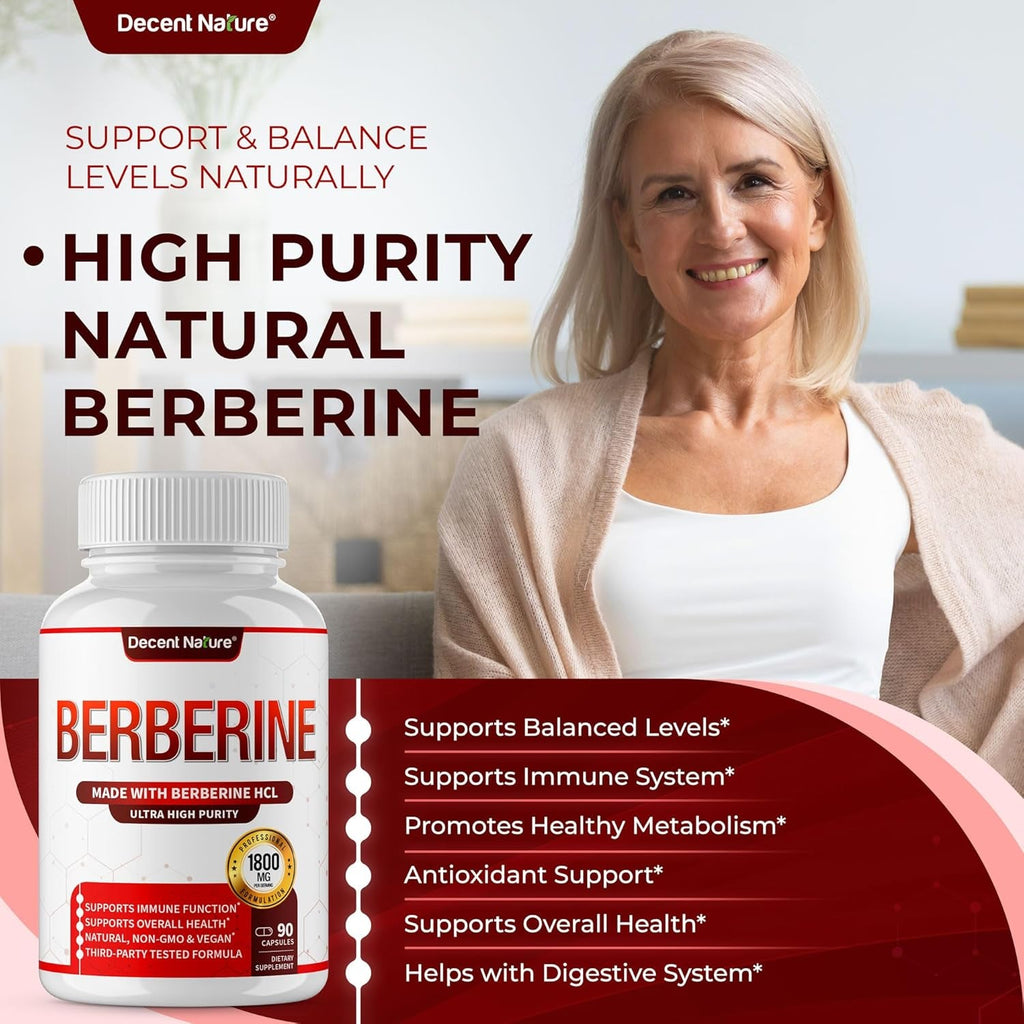 Berberine Supplement 1800Mg - Premium Berberine Hcl 97% High Purity, Supports Immune System, High Potency Hydrochloride & Extract, Activates AMPK & GLP-1, Non-Gmo Vegan, for Men Woman 90 Capsules
