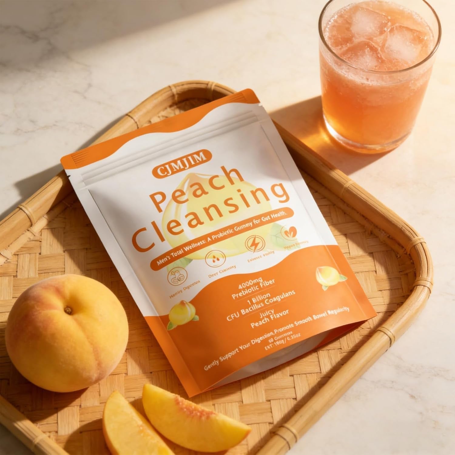 Peachy Clean Fiber Gummies with Prebiotic for Men, Peach Flavored Digestive Support & Detox Gummy Supplement, 60 Vegan Gummy Bears for Regularity & Gut Health (1)