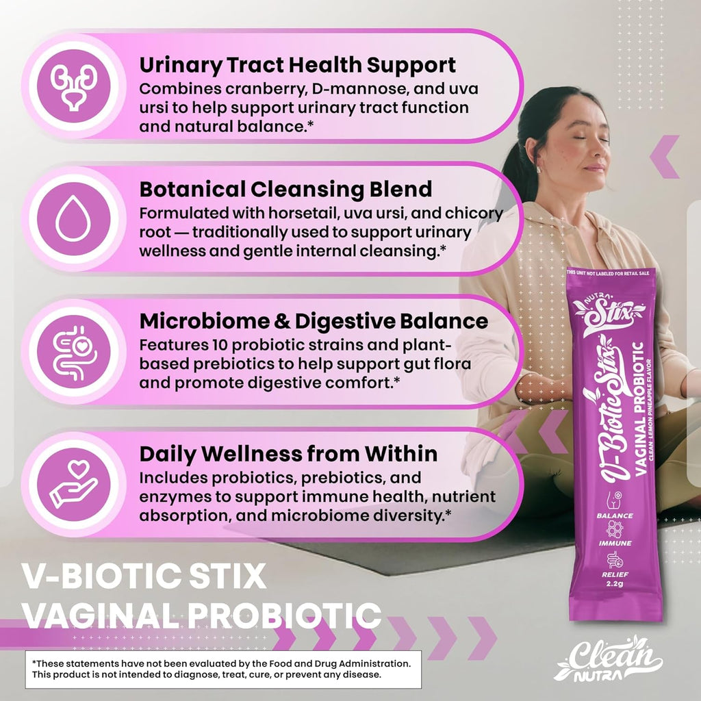 Clean Nutraceuticals Vaginal Probiotics for Women with Cranberry Extract, D-Mannose, Prebiotics, Ph Balance for Women, Vaginal Health – Womens Probiotic Alternative to Gummies - 20 Stix
