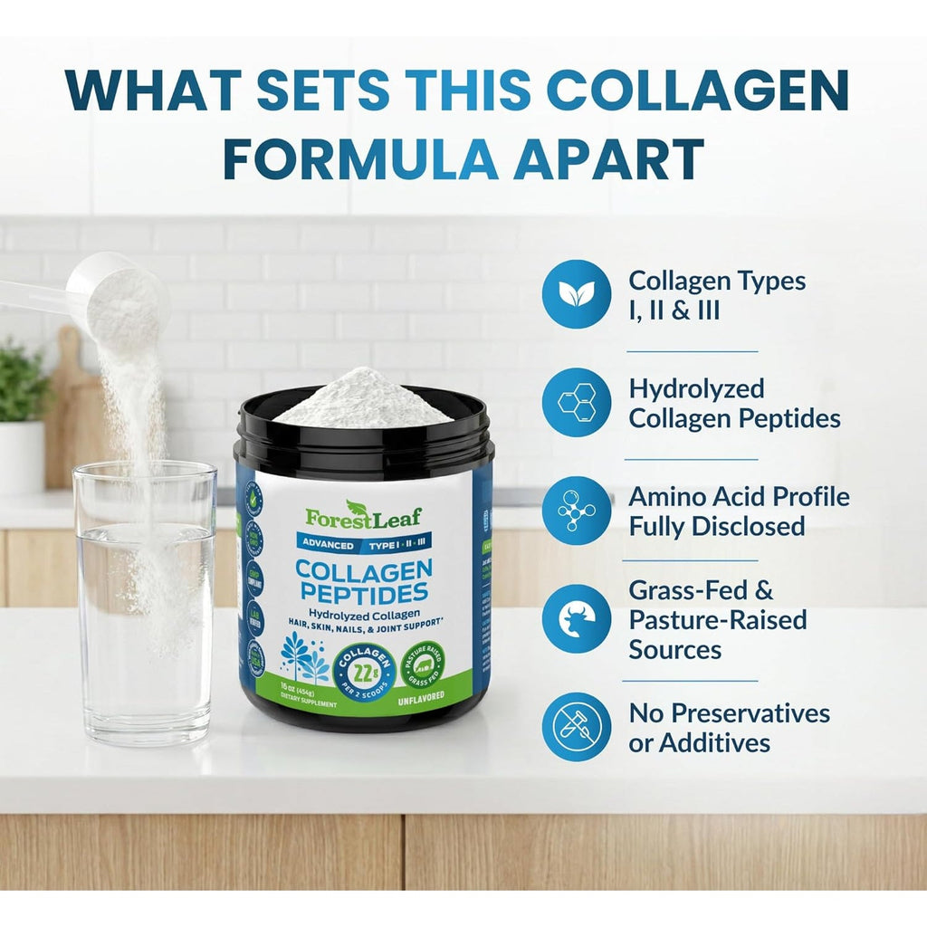 Forestleaf Collagen Peptides Powder Unflavored - Hydrolyzed Grass Fed Keto Collagen Protein Powder Type 1, 2 & 3 - Vital Hair, Skin, Nails, Joints, Recovery, 11G per Serving