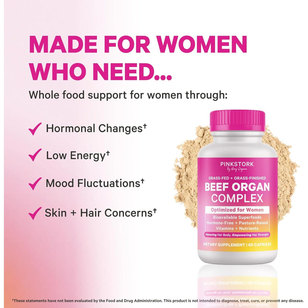 Pink Stork Beef Organ Supplement for Women | Grass-Fed Beef Liver Capsules with Iron, B12, Coq10, Vitamin a | Primal Multivitamin for Hormone + Energy Support | Clean Label Award Winner | 60 Capsules