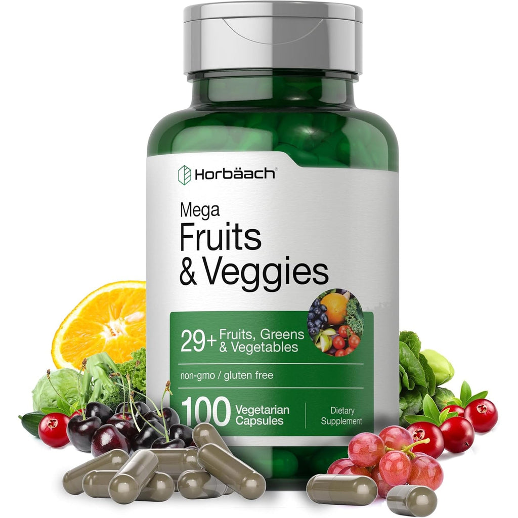 Horbäach Mega Fruits and Veggies Supplement | 100 Capsules | Vegetarian, Non-Gmo and Gluten Free