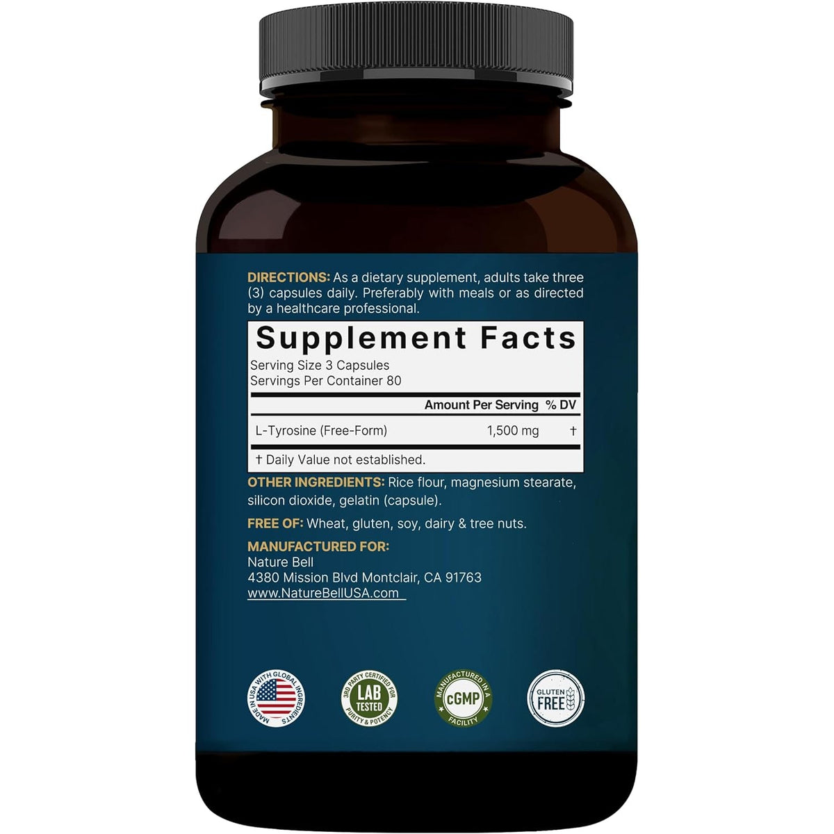 L Tyrosine Supplement, 1,500Mg per Serving, 240 Capsules | Essential Amino Acids – Brain Health Support for Memory, Cognitive Health, and Mental Alertness – Non-Gmo