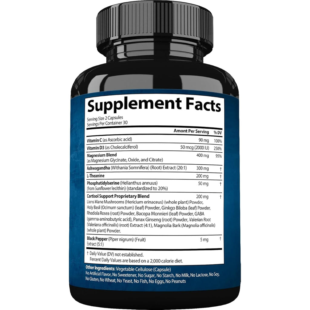 Strongvit Cortisol Supplements for Women and Men with Magnesium, Ashwagandha & L-Theanine. High Cortisol Reducer, Manager, Detox, Lower and Control. Sleep Support & Stress Relief, USA