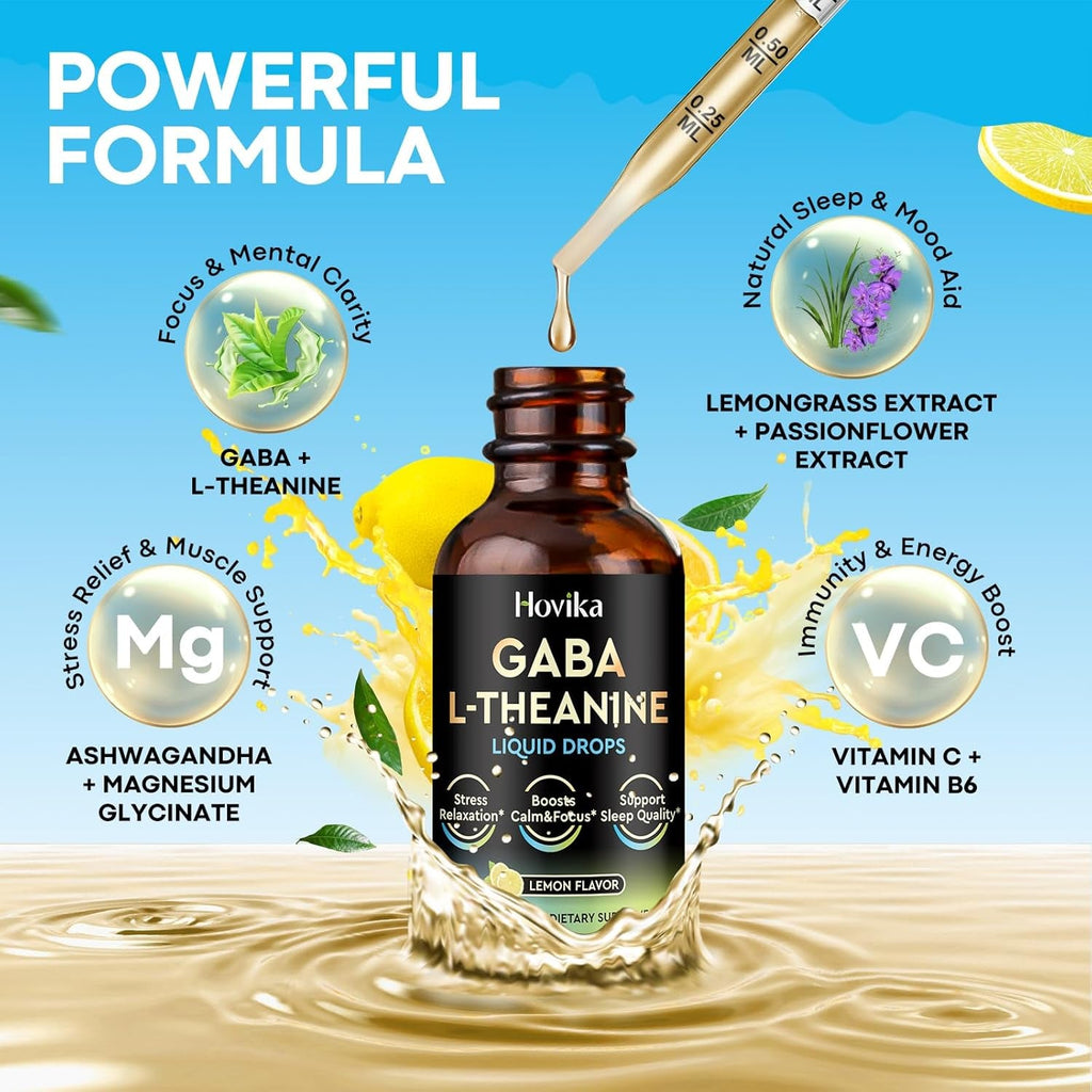 GABA L-Theanine Drops - Liquid GABA L-Theanine Supplement with L-Theanine, Ashwagandha, Magnesium Glycinate, Vitamin C, B6 - Support Sleep, Relaxation, Calm Mood & Focus - Lemon Flavor, 2 Fl Oz
