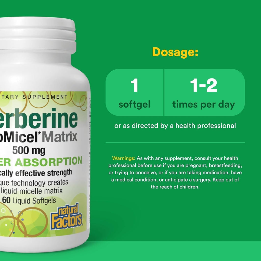 Natural Factors Berberine Lipomicel Matrix - Daily Supplement Supports Metabolic Health - Formula Supports General Health - Gluten-Free & Dairy-Free - 60 Liquid Softgels (60 Servings)