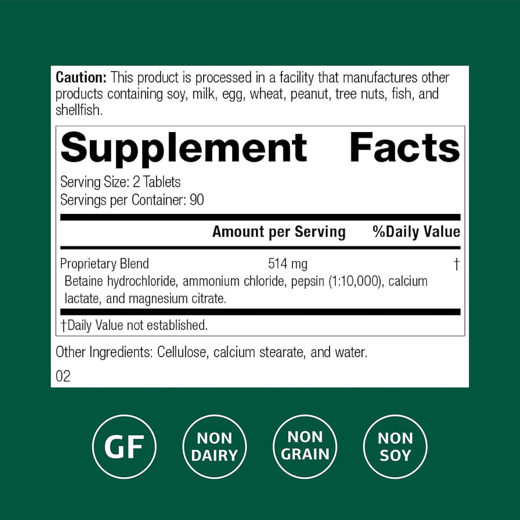 Standard Process Betaine Hydrochloride - Supplement for Gastrointestinal Ph Support - Supports Digestive Health & Iron Absorption - Gluten-Free, Non-Dairy & Non-Soy - 180 Tablets (90 Servings)