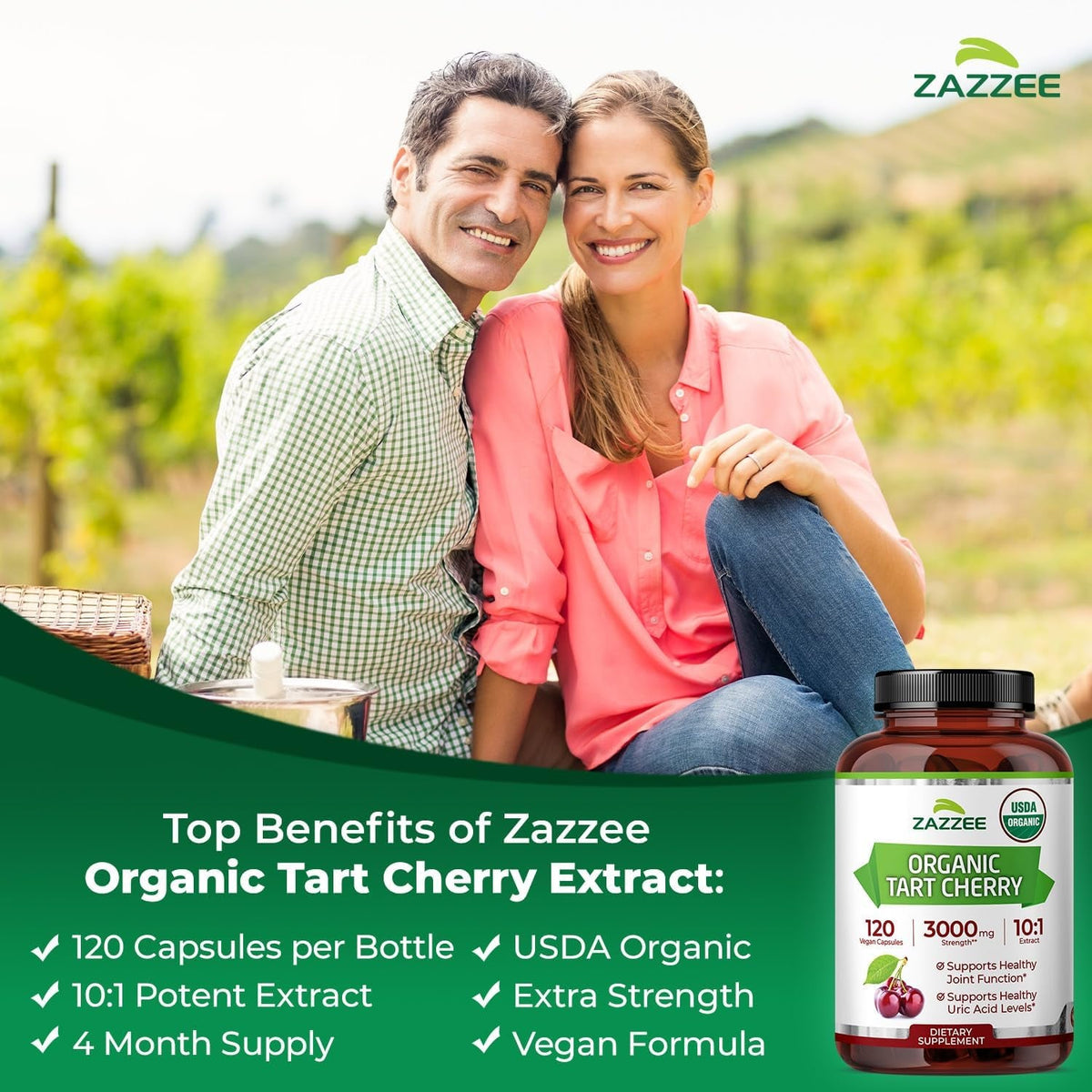 Zazzee USDA Organic Tart Cherry 10:1 Extract, 120 Vegan Capsules, 4 Month Supply, Montmorency Cherry, Daily Wellness Antioxidant Support, Organic Herbal Supplement, All-Natural, Non-Gmo, Made in USA