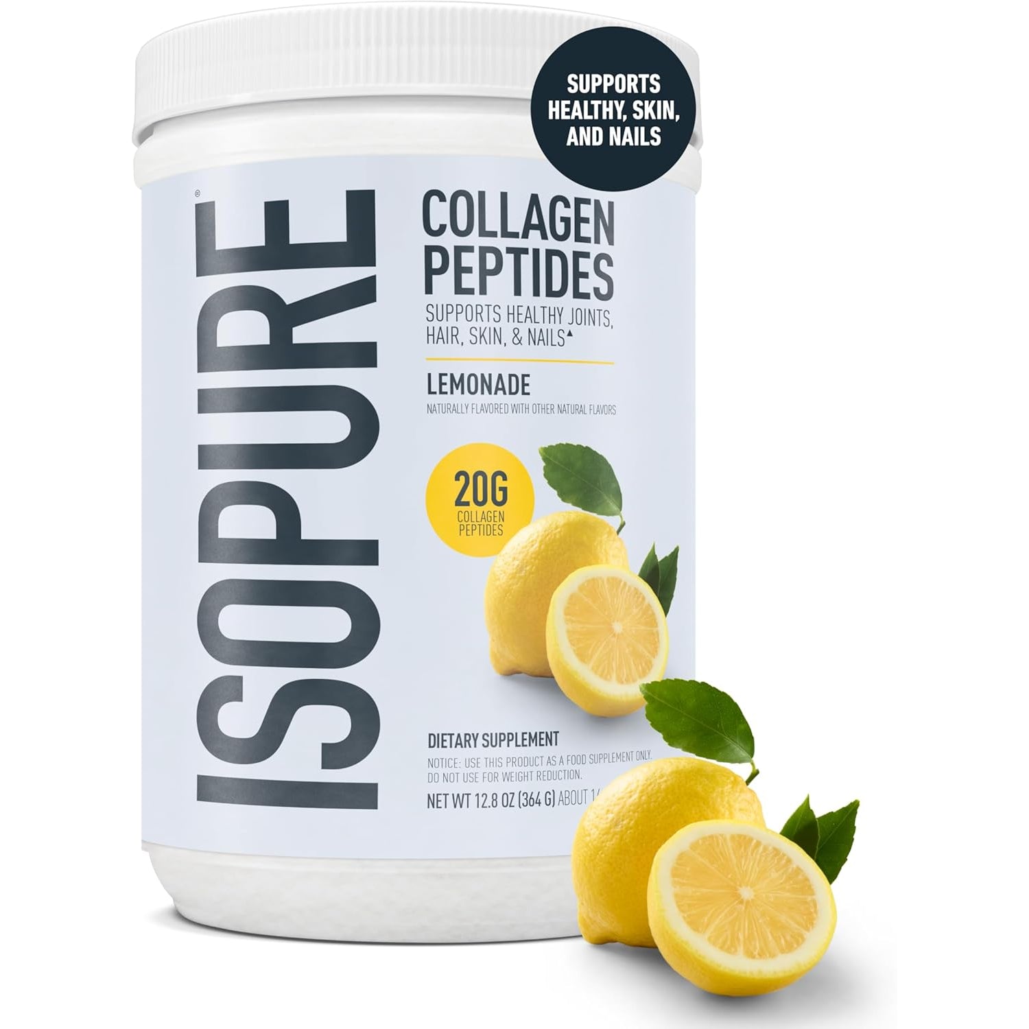 Isopure 20G Grass-Fed Collagen Peptides with Biotin + Vitamin C – Supports Skin, Hair, Nails & Joint Health – Lemonade, Keto Friendly Collagen Powder, 14 Servings