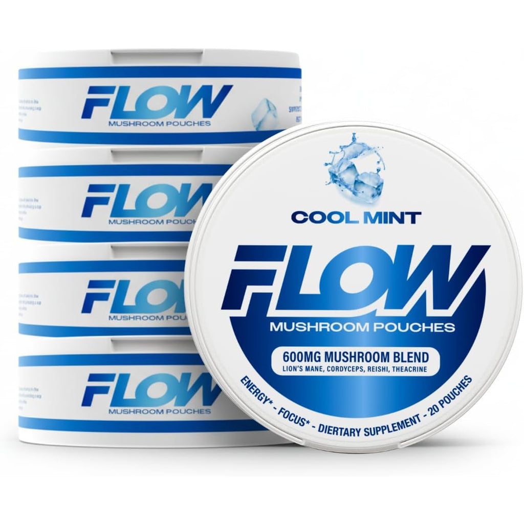 Flow Pouches Mushroom Nootropic Pouches - 600Mg Organic Mushroom Energy Ultra Pouches with Lion'S Mane, Reishi, Cordyceps for Focus & Clean Energy - Zero Caffeine or Sugar (5 Can Pack, Cool Mint)