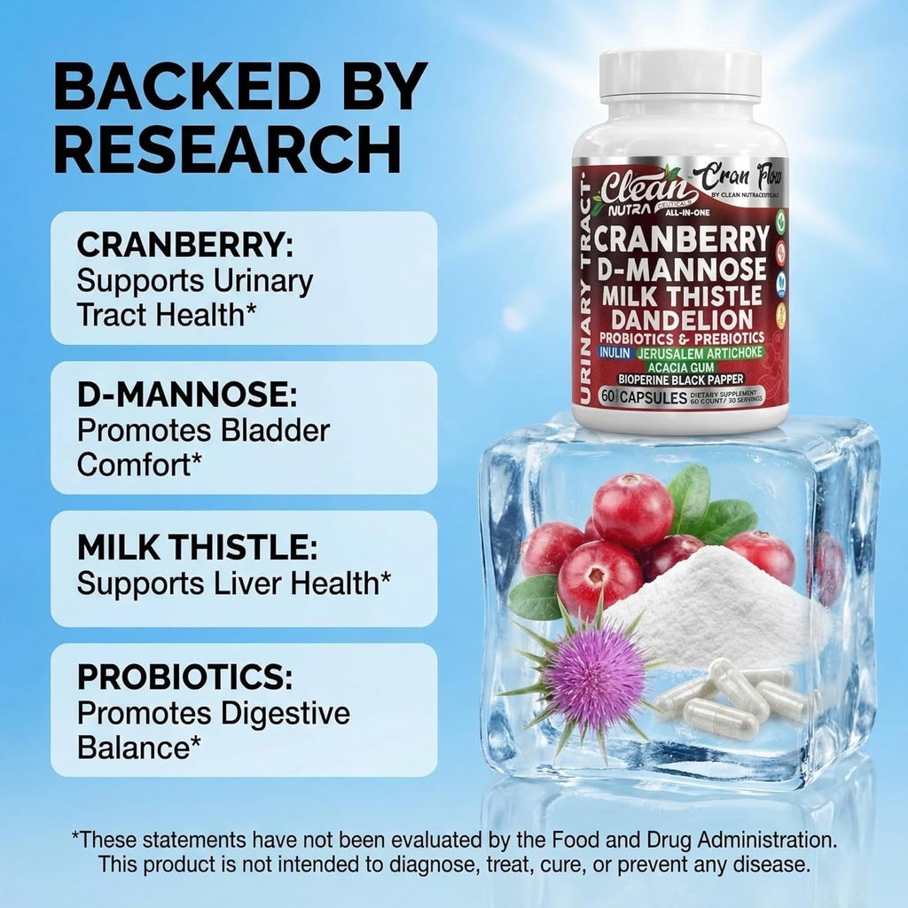 Cran Flow Cranberry Pills for Urinary Health D-Mannose Milk Thistle Dandelion Inulin Vitamin C Prebiotics and Probiotics Bladder Support by Clean Nutra