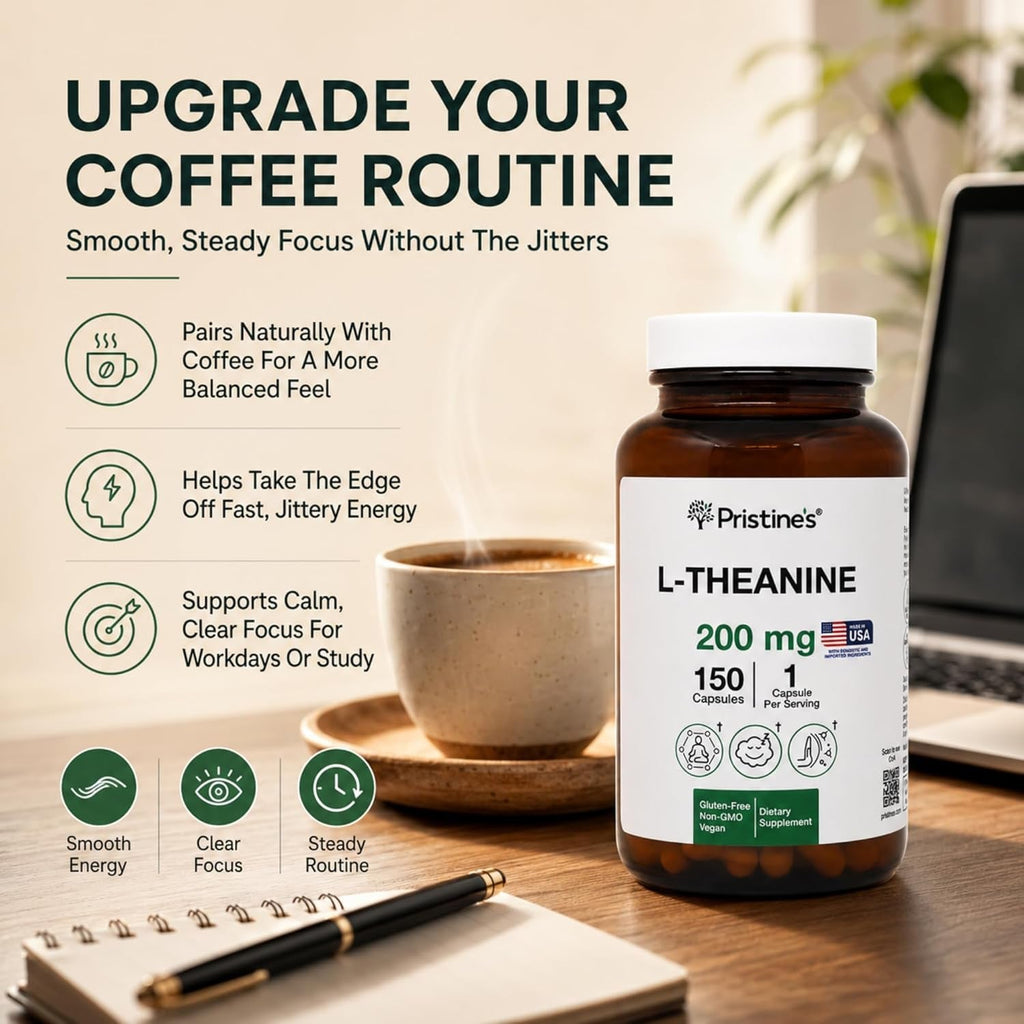 PRISTINE'S L Theanine 200Mg Supplement Capsules - 3Rd Party Tested Non GMO -150 Day Supply - Relaxation & Sleep Quality Support Capsules - Vegan, Cgmp Facility & Gluten Free Glass Bottles