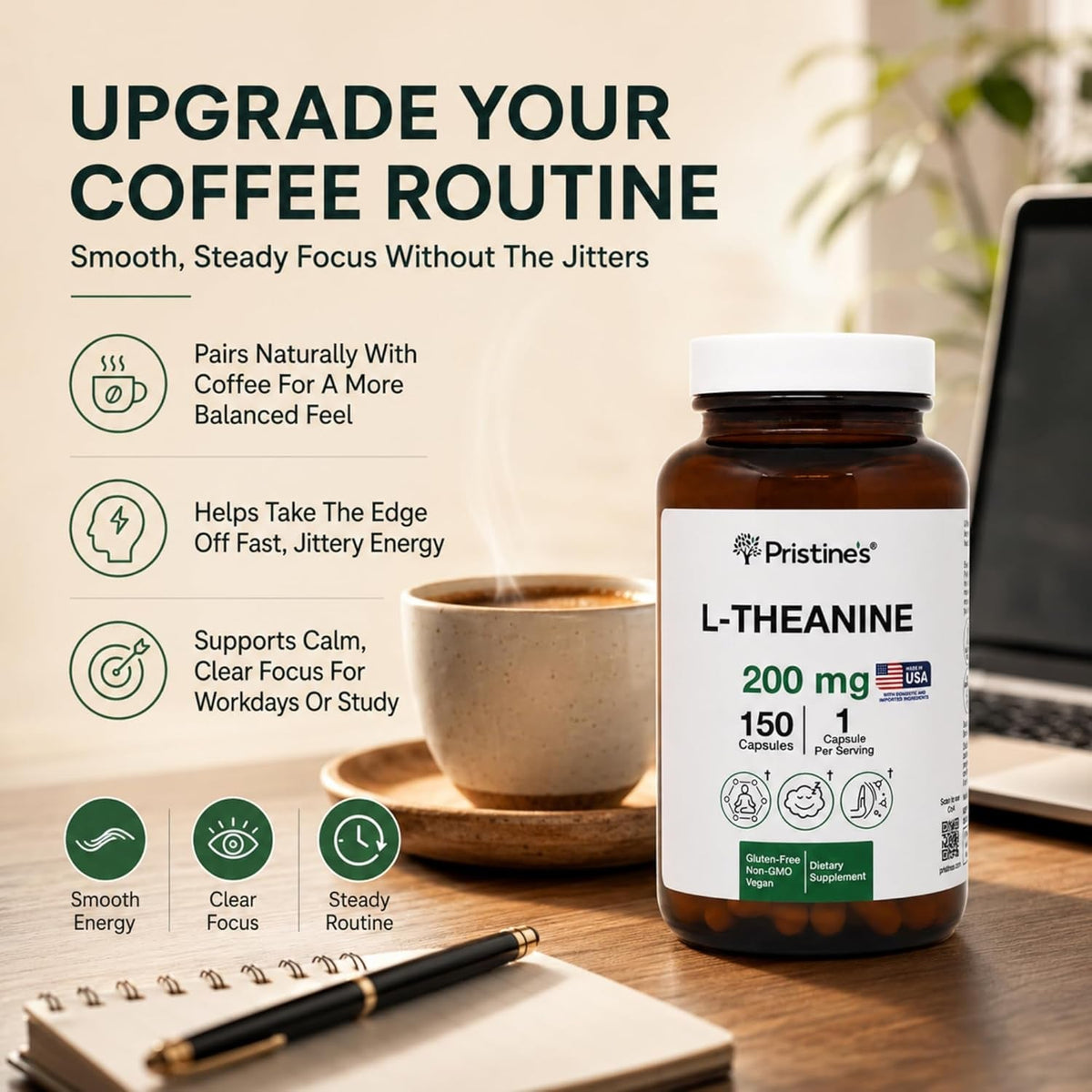 PRISTINE'S L Theanine 200Mg Supplement Capsules - 3Rd Party Tested Non GMO -150 Day Supply - Relaxation & Sleep Quality Support Capsules - Vegan, Cgmp Facility & Gluten Free Glass Bottles
