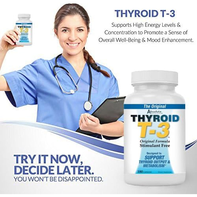 Absolute Nutrition Thyroid T-3 Radical Metabolic Booster, Energy & Focus Unflavored Thyroid Support Formula Capsules, Natural Metabolism Booster, Support Healthy Thyroid Function, 180 Capsules