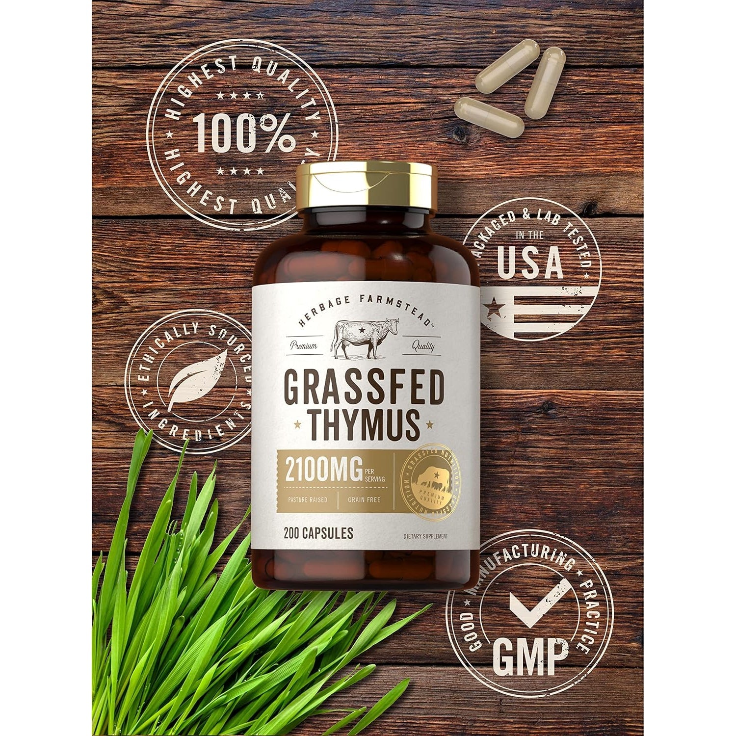 Carlyle Grass Fed Beef Thymus | 2100Mg | 200 Capsules | Bovine Supplement | Pasture Raised, Non-Gmo, Gluten Free | by Herbage Farmstead