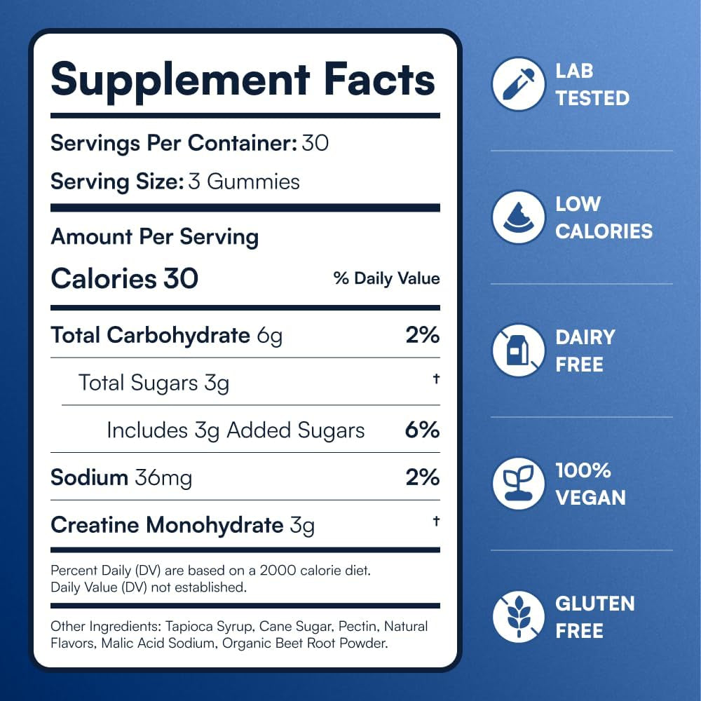 Creatine Monohydrate Gummies - Supports Muscle Growth, Recovery & Brain Function - Convenient & Easy to Take - Great Tasting Watermelon Flavor - 1G per Gummy, Low Sugar - 90 Count