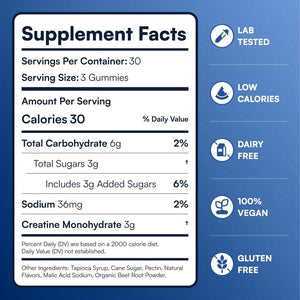 Creatine Monohydrate Gummies - Supports Muscle Growth, Recovery & Brain Function - Convenient & Easy to Take - Great Tasting Watermelon Flavor - 1G per Gummy, Low Sugar - 90 Count