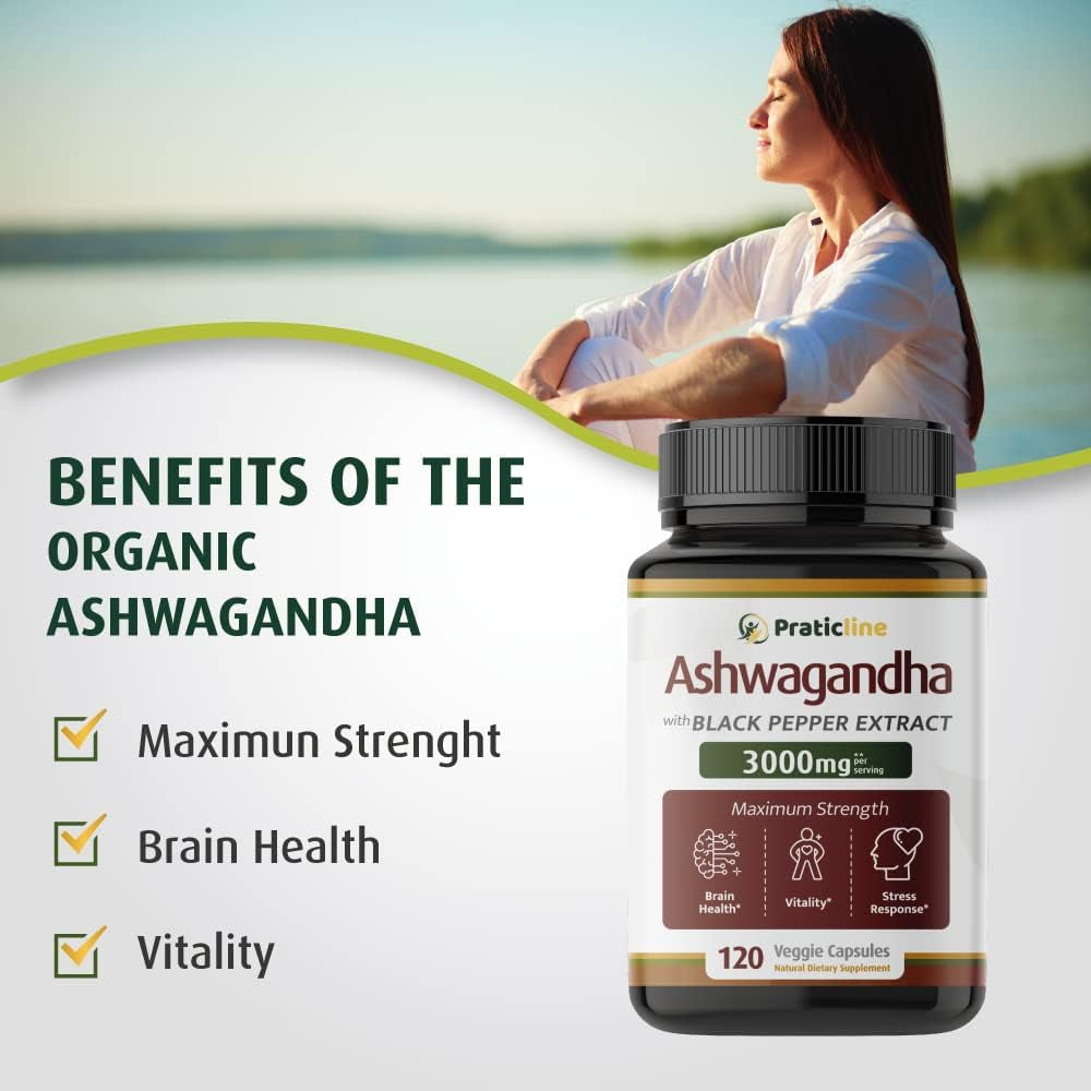 Ashwagandha Capsules 3,000 Mg - 120 Vegan Cap Made with Organic Ashwagandha Powder and Root Extract. Gluten Free. Made in USA